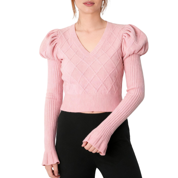 Pink Argyle Knit Crop Sweater With Puff Shoulders