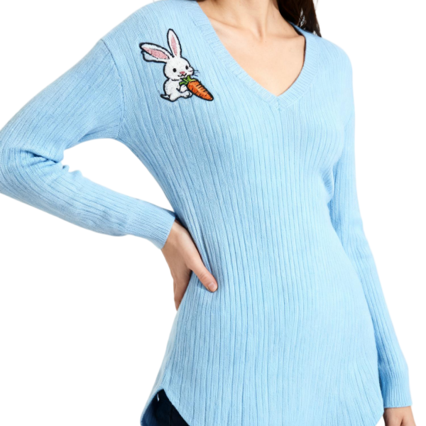 Light Blue Ribbed V-Neck Sweater With Bunny & Carrot Embroidery