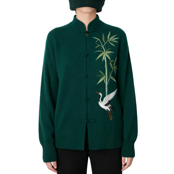 Emerald Bamboo & Crane Embroidery Mandarin Collar Cardigan