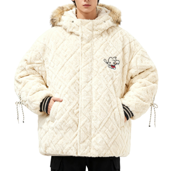 Cream Faux Fur Quilted Jacket With Mouse Embroidery