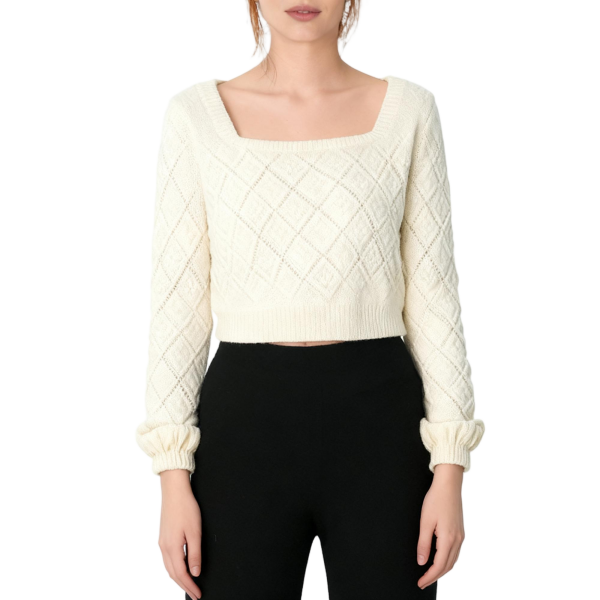Cream Argyle Openwork Knit Crop Sweater With Puff Cuffs