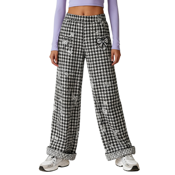 Black & White Gingham Wide-Leg Pants With Bow Embroidery