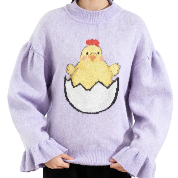 Lavender Mock Neck Sweater With Hatching Chick Embroidery